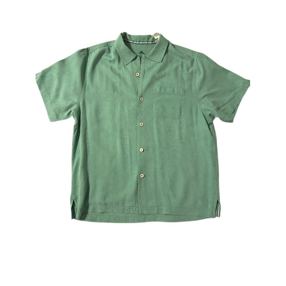 Tommy Bahama Mens Silk Short Sleeve Button Up Shirt Green Size Medium Palm‎